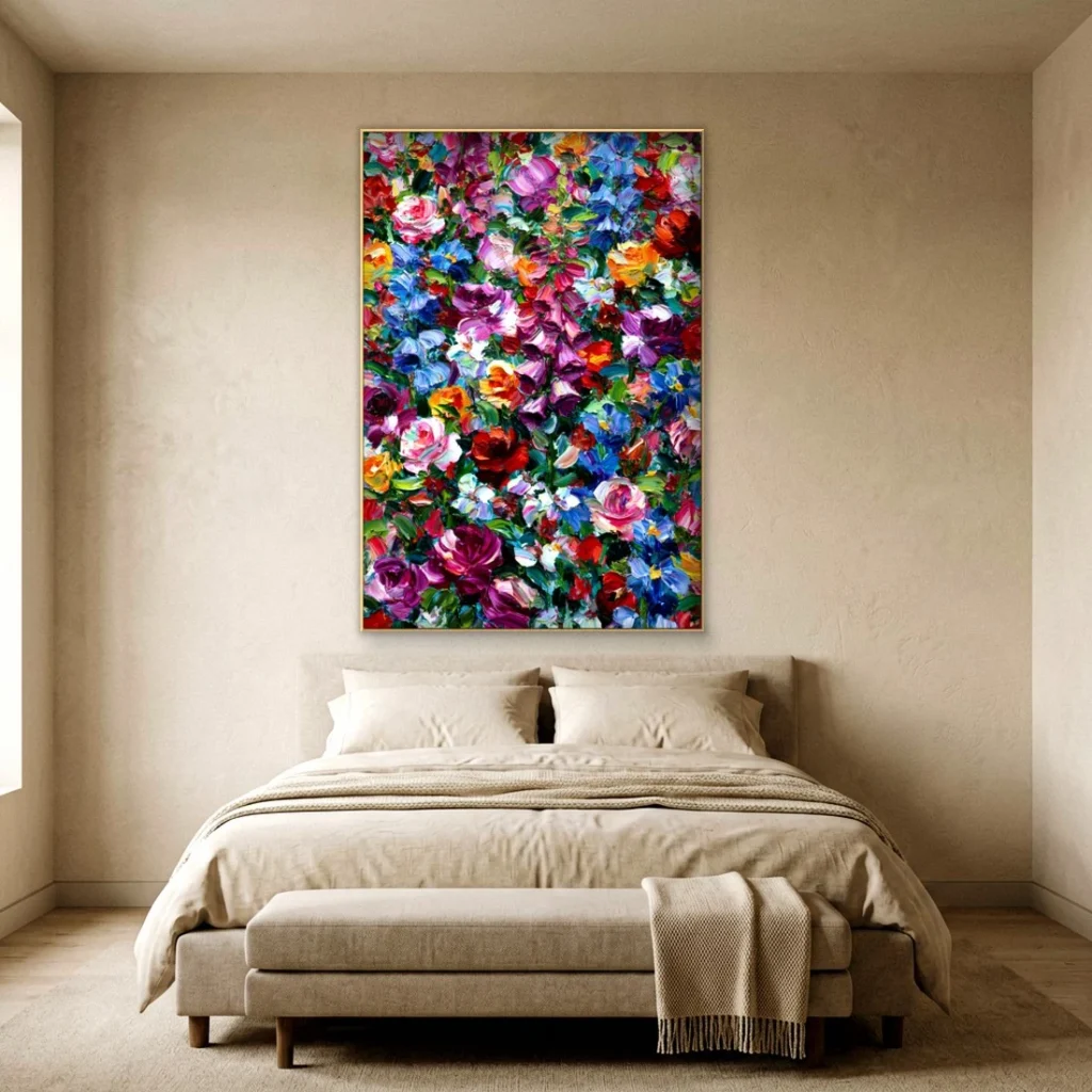 Heavy impasto dense flower relief canvas in a bedroom