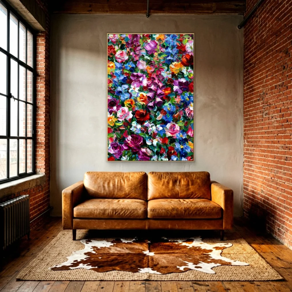 Heavy impasto dense flower relief canvas in an elegant living room