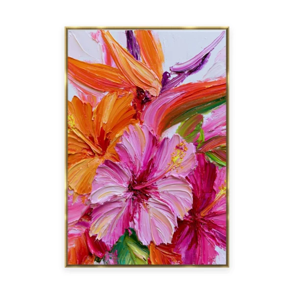 A tall vertical heavily textured palette-knife painting of pink hibiscus and orange lily blooms, the bold petals built into thick three-dimensional ridges of oil paint with vivid light