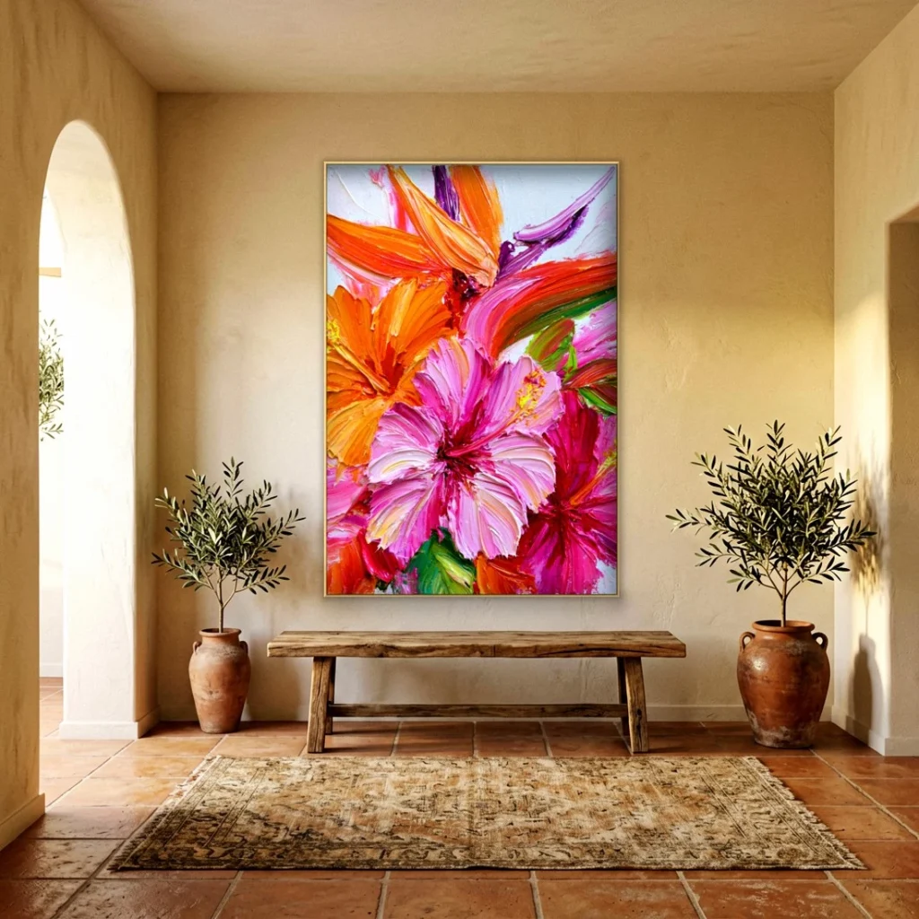 Heavy impasto pink orange hibiscus relief in an elegant living room