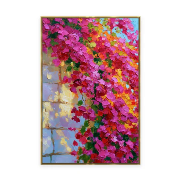 A tall vertical heavily textured palette-knife painting of pink and magenta bougainvillea cascading over a pale stone wall, the massed blooms built into thick three-dimensional ridges
