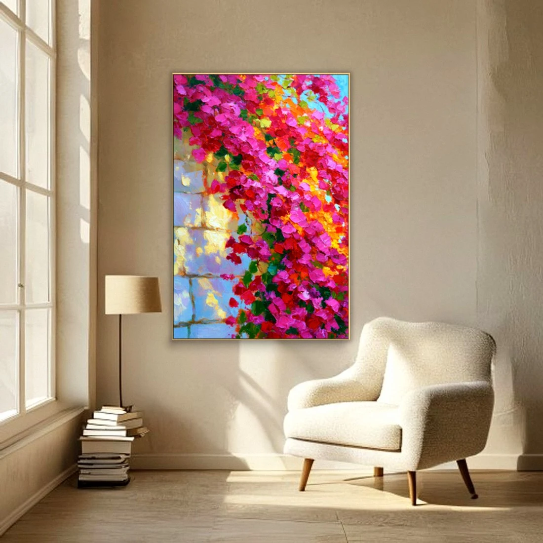 Heavy impasto pink bougainvillea wall relief in a reading nook