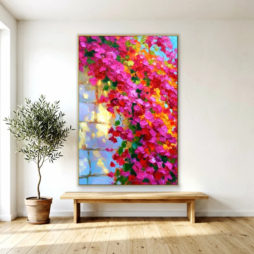 Heavy impasto pink bougainvillea wall relief in a bright living room