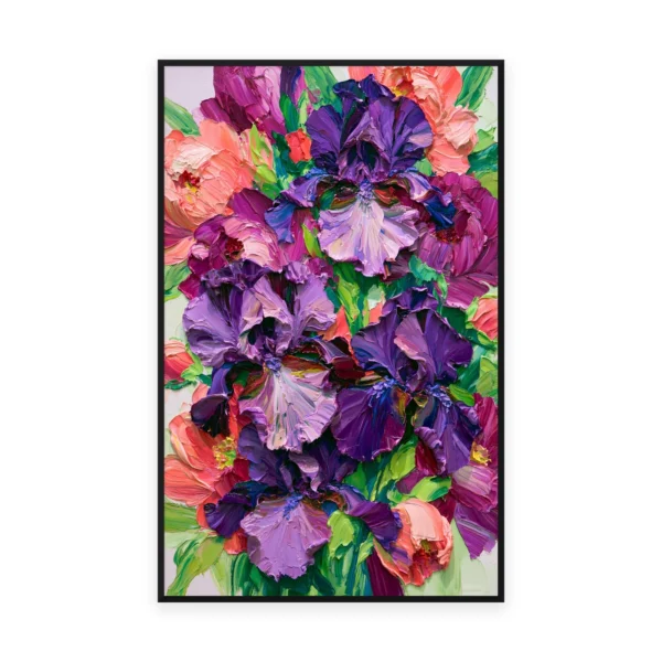 A tall vertical heavily textured palette-knife painting of purple irises and coral blooms, the bold ruffled petals built into thick three-dimensional ridges of oil paint with rich light