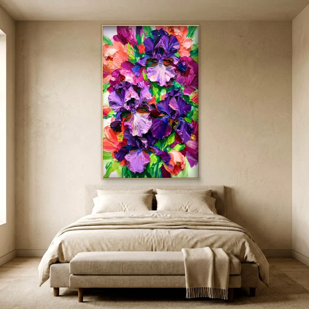 Heavy impasto purple iris relief canvas in a bedroom