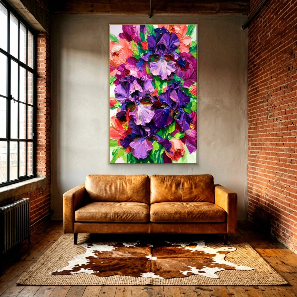 Heavy impasto purple iris relief canvas in an elegant living room