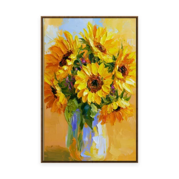 A tall vertical heavily textured palette-knife painting of golden sunflowers in a glass vase, the bold petals built into thick three-dimensional ridges of oil paint with warm light