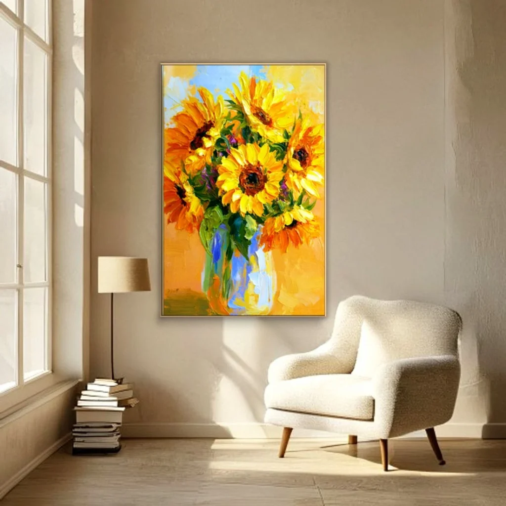 Heavy impasto sunflower bouquet relief in a reading nook