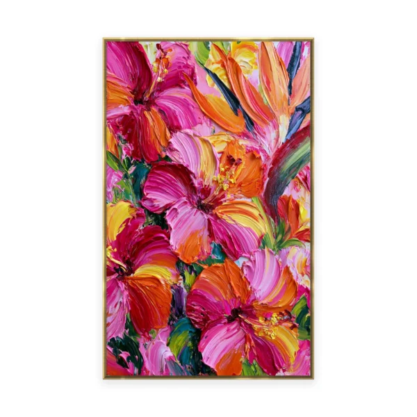 A tall vertical heavily textured palette-knife painting of pink and magenta hibiscus and lilies, the bold petals built into thick three-dimensional ridges of oil paint with vivid color
