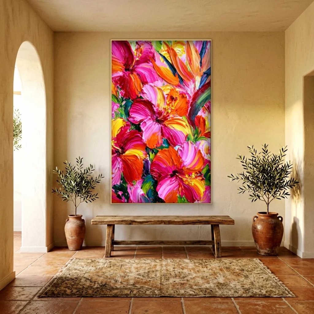 Heavy impasto pink hibiscus relief canvas in an elegant living room