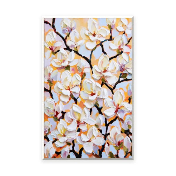A tall vertical heavily textured palette-knife painting of white magnolia blossoms on dark branches against a warm ground, the large petals built into thick three-dimensional ridges of oil paint