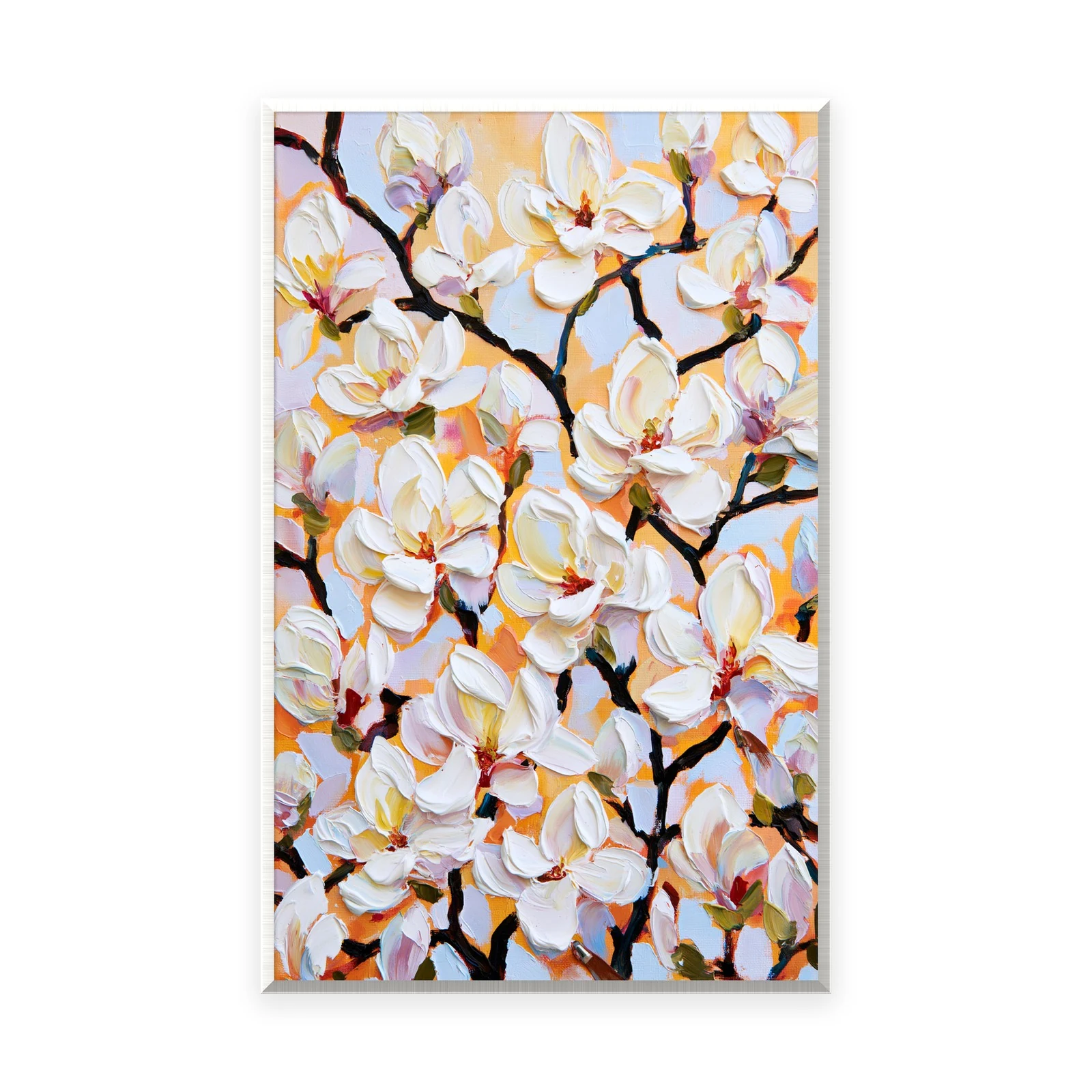 A tall vertical heavily textured palette-knife painting of white magnolia blossoms on dark branches against a warm ground, the large petals built into thick three-dimensional ridges of oil paint