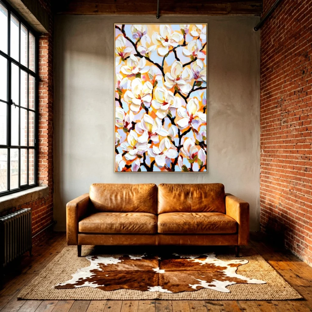 Heavy impasto white magnolia relief canvas in an elegant living room