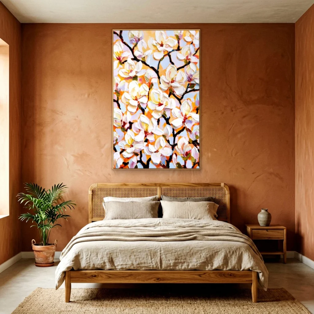 Heavy impasto white magnolia relief canvas in a cozy bedroom