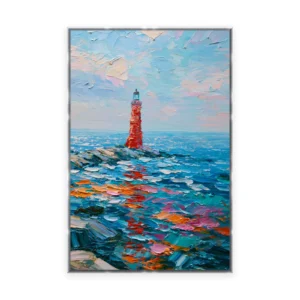 A tall vertical heavily textured palette-knife painting of a red lighthouse on rocks above a bright sea scattered with color, the rocks and water built into thick three-dimensional ridges
