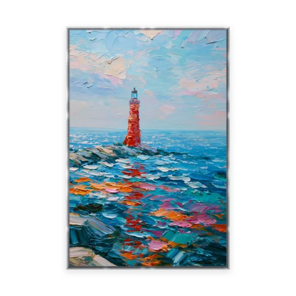 A tall vertical heavily textured palette-knife painting of a red lighthouse on rocks above a bright sea scattered with color, the rocks and water built into thick three-dimensional ridges