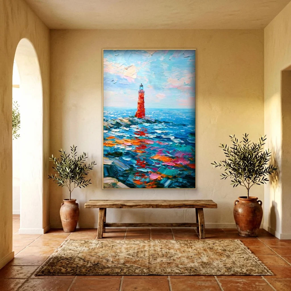 Heavy impasto red lighthouse sea relief in an elegant living room