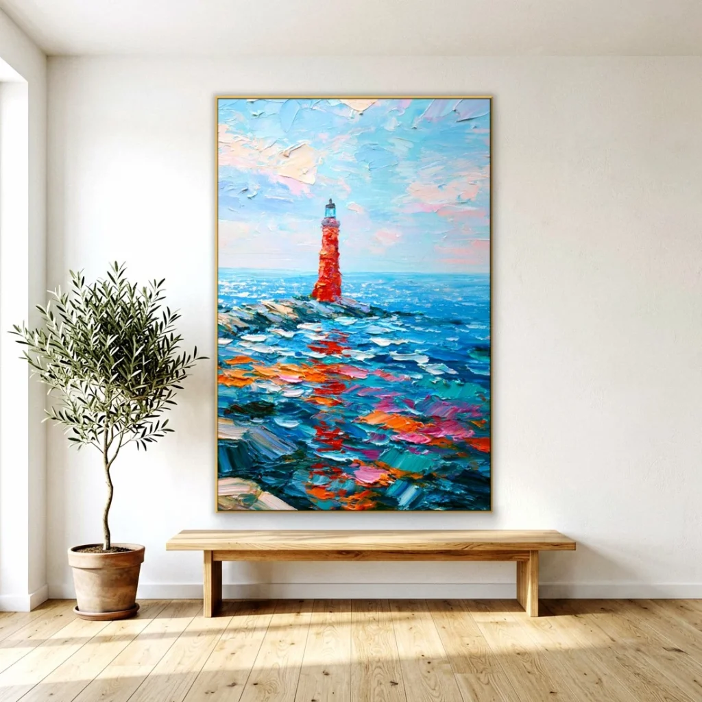 Heavy impasto red lighthouse sea relief in a bright living room