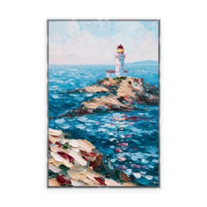 A tall vertical heavily textured palette-knife painting of a lighthouse over rocks and churning sea, the surf and stone built into thick three-dimensional ridges of oil paint