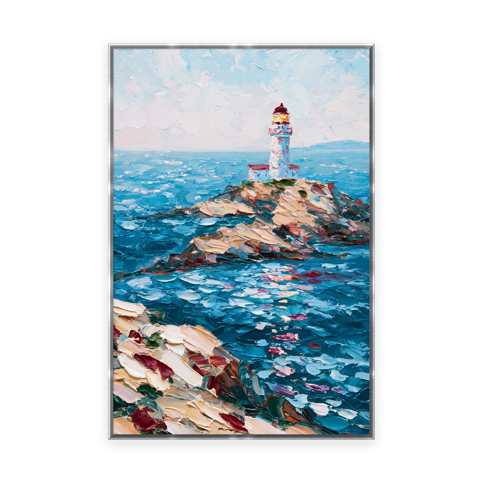 A tall vertical heavily textured palette-knife painting of a lighthouse over rocks and churning sea, the surf and stone built into thick three-dimensional ridges of oil paint