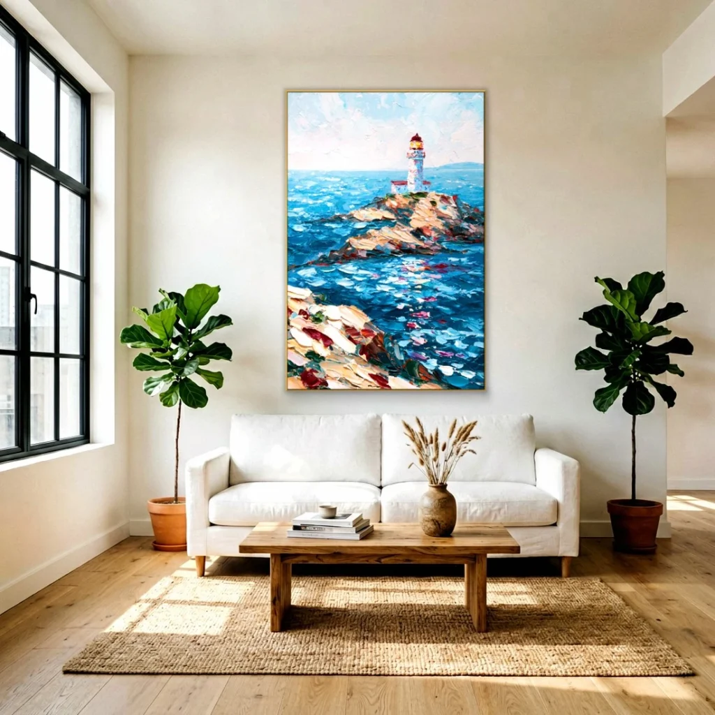 Heavy impasto lighthouse rocks relief canvas in a bright living room