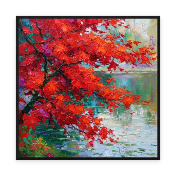 A large square heavily textured palette-knife painting of a red maple tree blazing over still reflective water, the autumn leaves built into thick three-dimensional ridges of oil paint