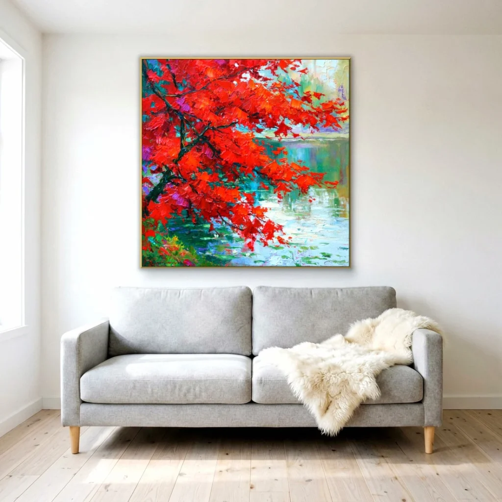 Heavy impasto red maple by water relief in a bright living room