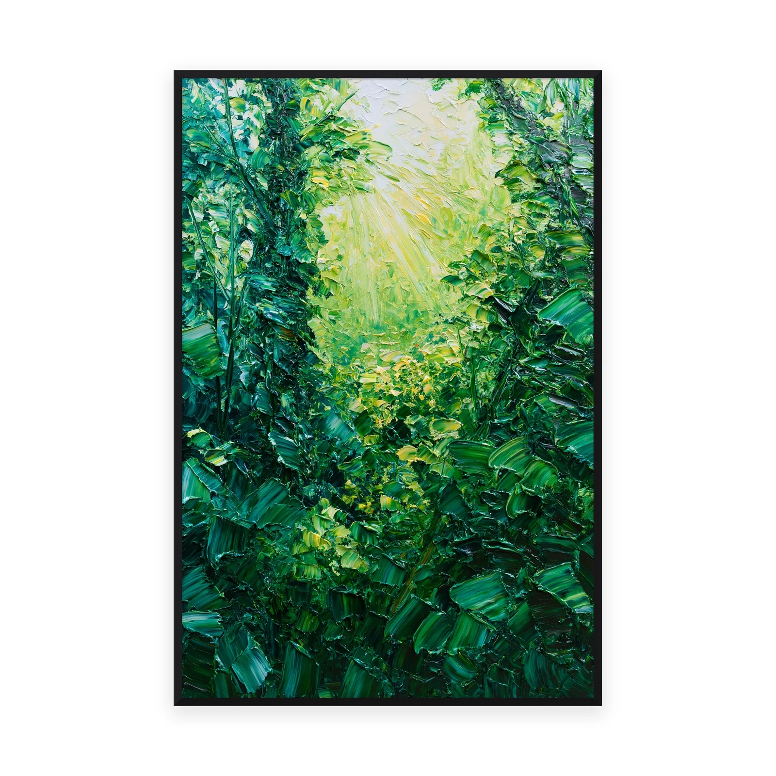 A tall vertical heavily textured palette-knife painting of a lush green forest glowing with filtered light, the dense foliage built into thick three-dimensional ridges of oil paint