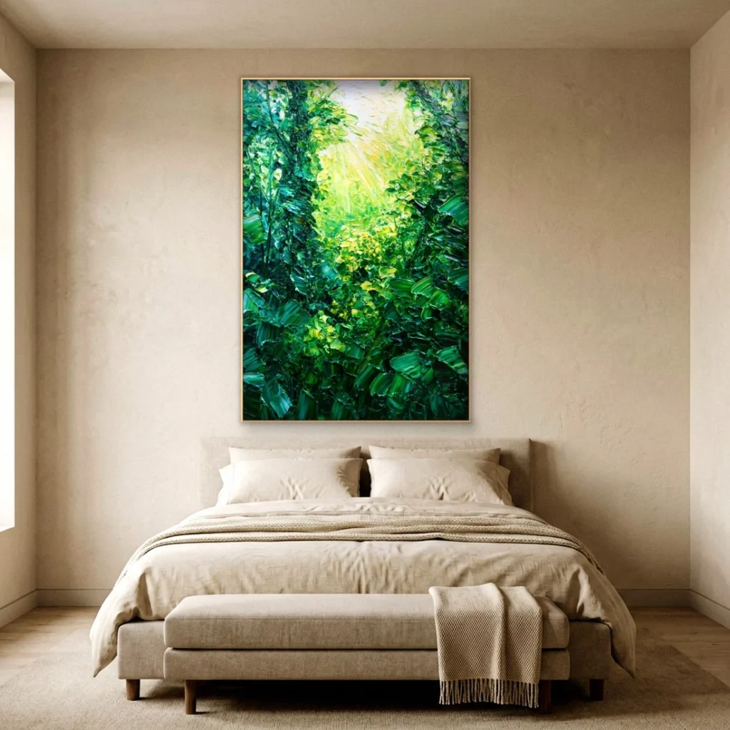 Heavy impasto lush green forest relief in a bedroom