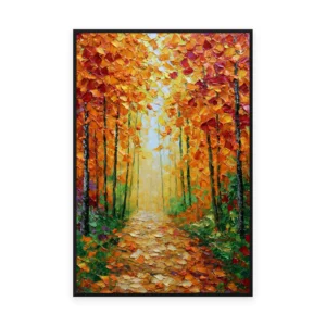 A tall vertical heavily textured palette-knife painting of a golden autumn forest path between glowing trees, the orange and gold leaves built into thick three-dimensional ridges of oil paint