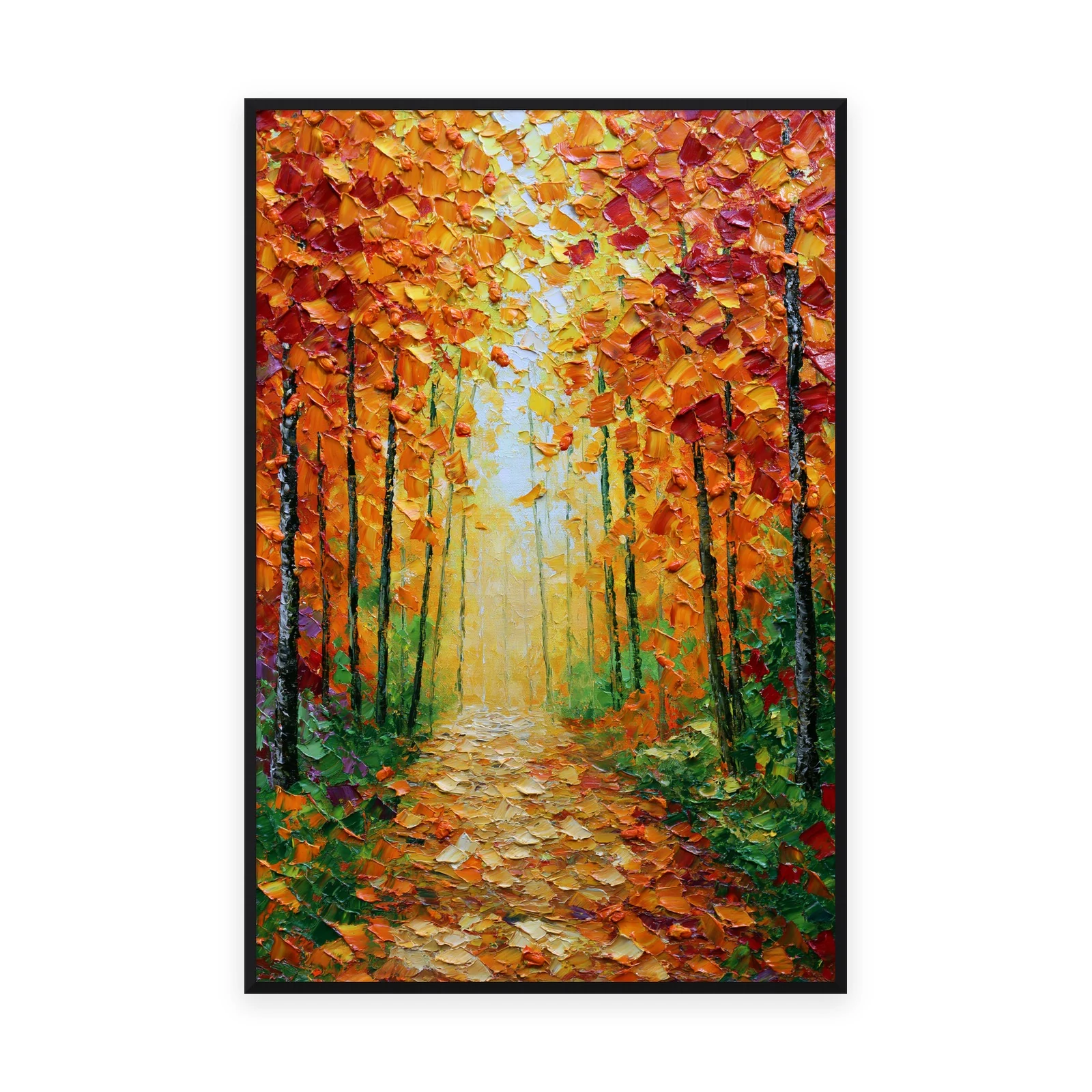 A tall vertical heavily textured palette-knife painting of a golden autumn forest path between glowing trees, the orange and gold leaves built into thick three-dimensional ridges of oil paint