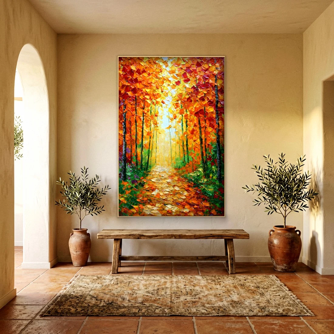 Heavy impasto golden autumn path relief in an elegant living room