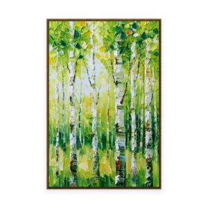A tall vertical heavily textured palette-knife painting of slender white birch trunks rising through bright green spring foliage, the leaves built into thick three-dimensional ridges of oil paint