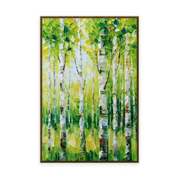 A tall vertical heavily textured palette-knife painting of slender white birch trunks rising through bright green spring foliage, the leaves built into thick three-dimensional ridges of oil paint