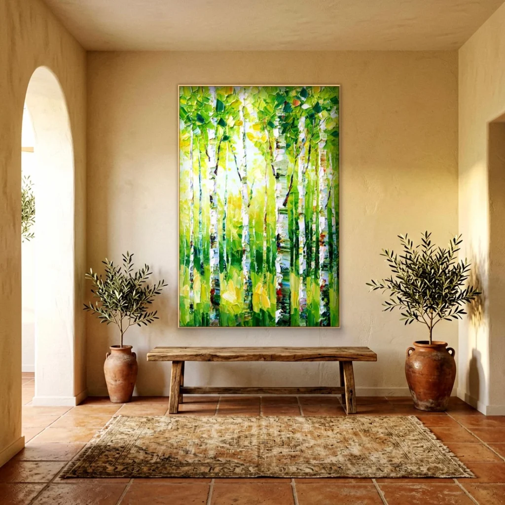 Heavy impasto green birch grove relief in an elegant living room