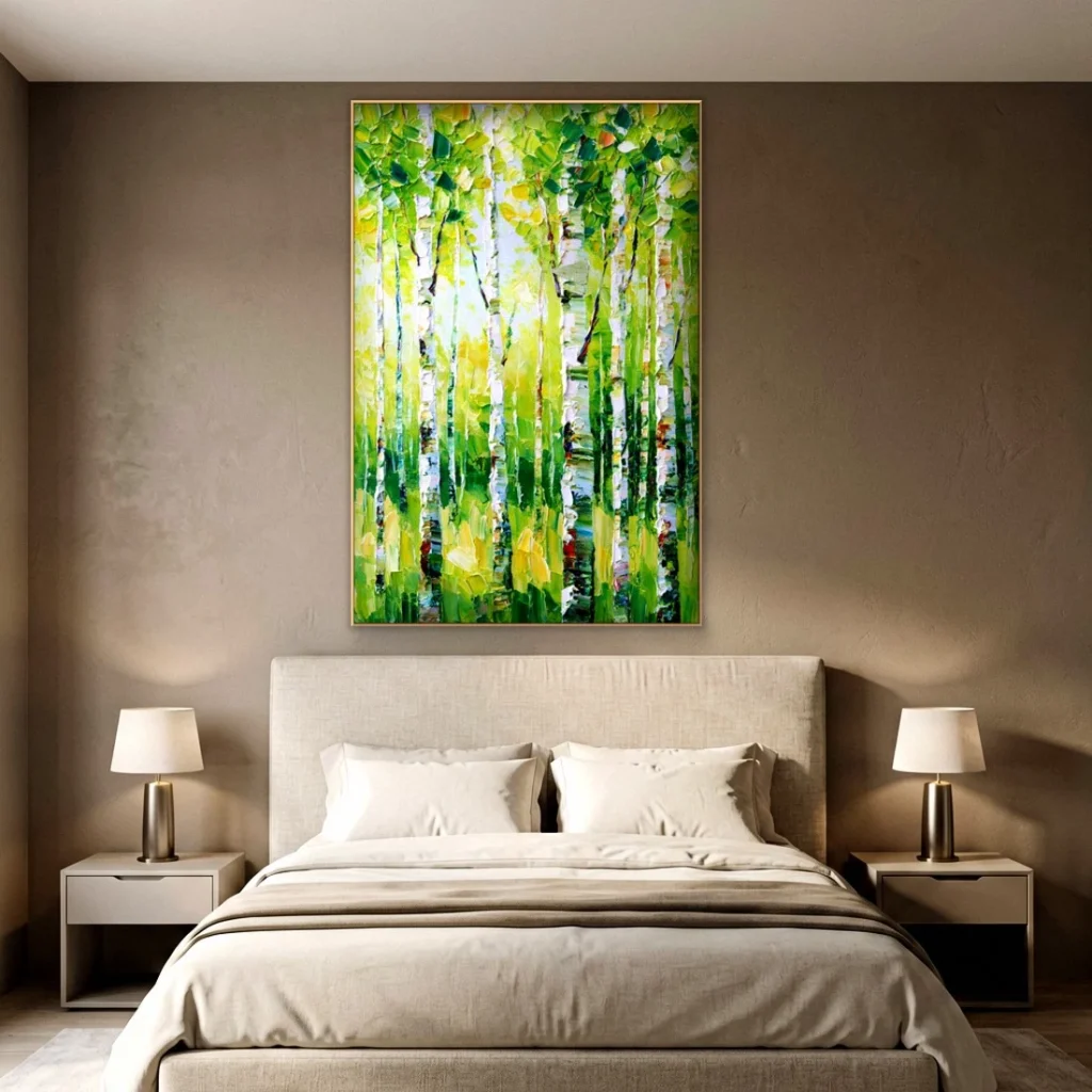 Heavy impasto green birch grove relief in an elegant bedroom