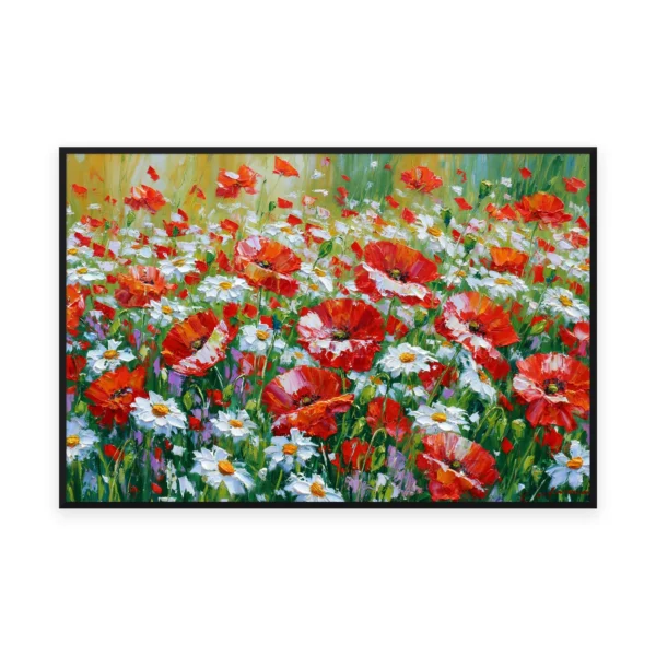 A large horizontal impasto floral painting of red poppies and white daisies filling a green summer field, with warm yellow-green light behind, worked in thick palette-knife oil with raised ridges of paint.