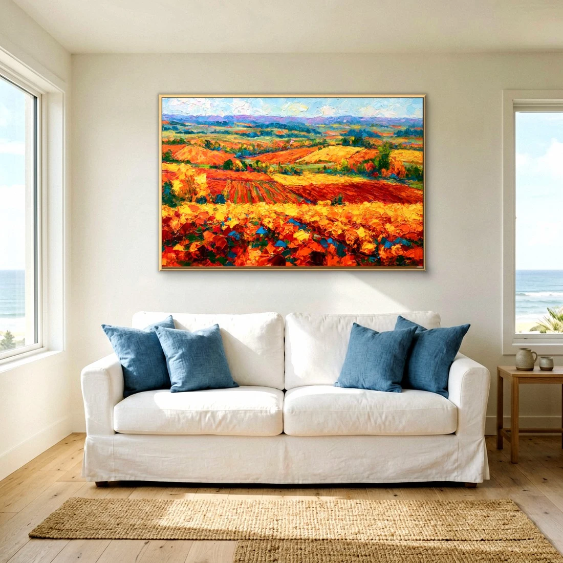 Thin-framed painting of red and gold vineyard rows running back to purple hills, hung above a white slipcovered sofa with blue linen pillows.
