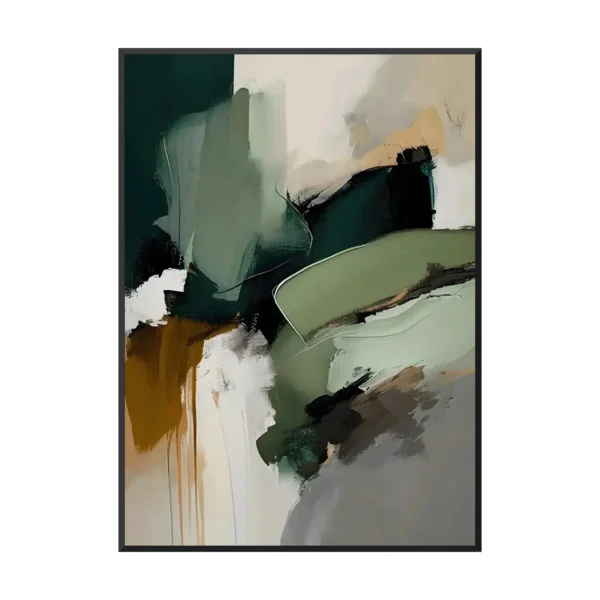 Soft sage & olive wabi-sabi earthy abstract canvas WA01 black frame white background