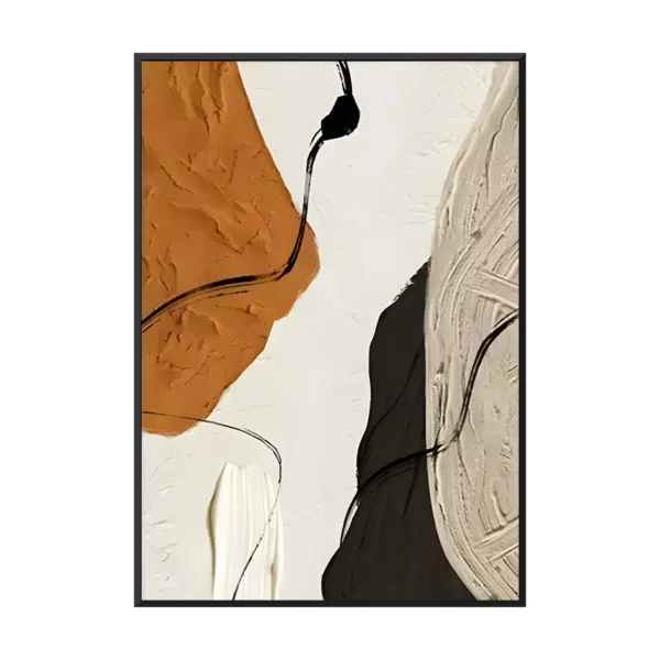 Textured wabi-sabi canvas with a burnt orange plaster shape, black ink line and cream carved forms hangs above a gray sofa on a dark stone wall in a modern living room