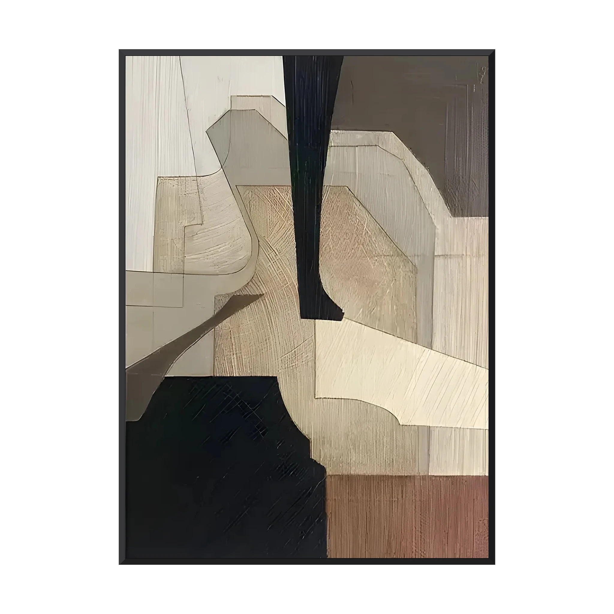 Painting of overlapping geometric planes in tan, taupe, cream and black with brushed textures and a rust corner, hung frameless on a gray wall above a dark wood desk