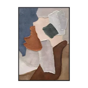 Heavy impasto abstract painting of torn plaster shapes in slate blue, rust terracotta, cream and brown, hung frameless on a light gray wall above white boucle ottomans, earthy wabi-sabi canvas wall art