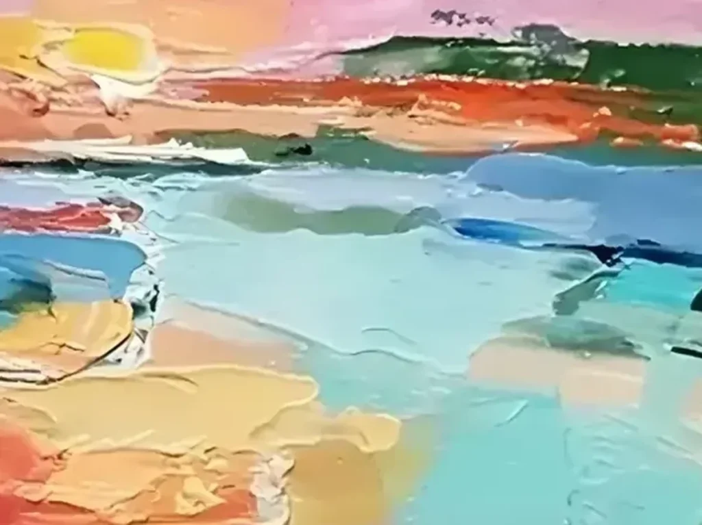 Close-up texture detail of pink, aqua, and coral palette knife strokes on abstract sunset landscape canvas AA01