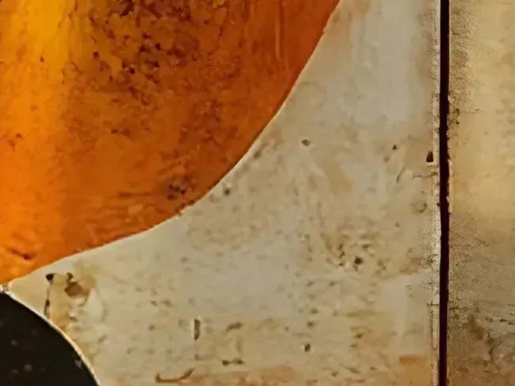 Close-up of the mottled amber and rust patina on burnt orange mid-century abstract canvas AA02