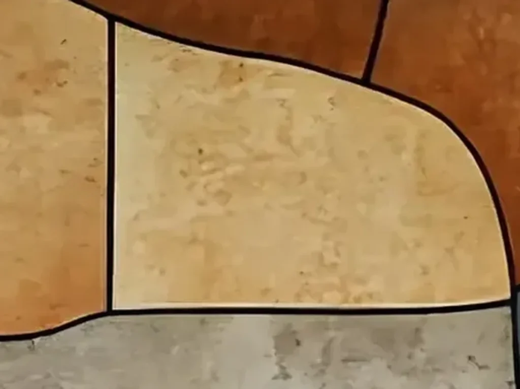 Close-up of the black outlines and mottled rust shapes on mid-century canvas AA03