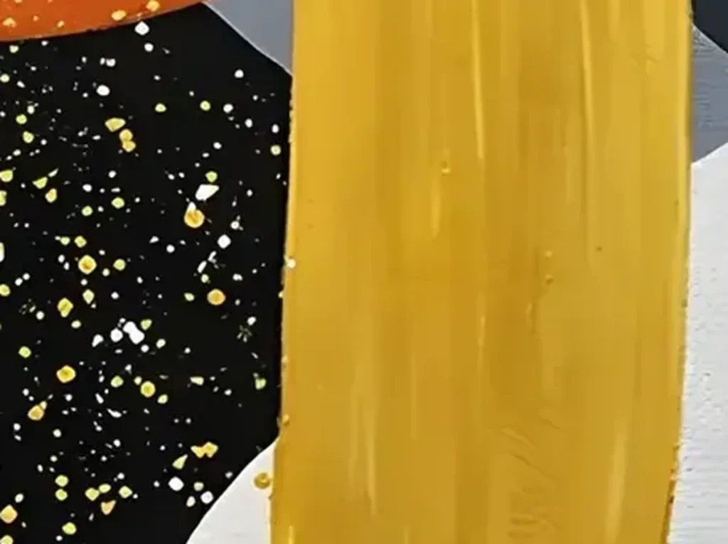 Detail crop of the golden yellow brush stroke, gold speckles, and orange fields on mid-century abstract canvas AA05