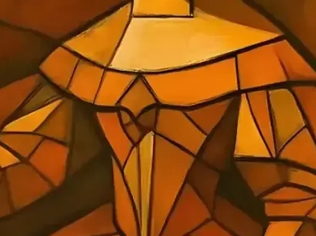 Close-up of the faceted gown grid on terracotta cubist woman painting AA07