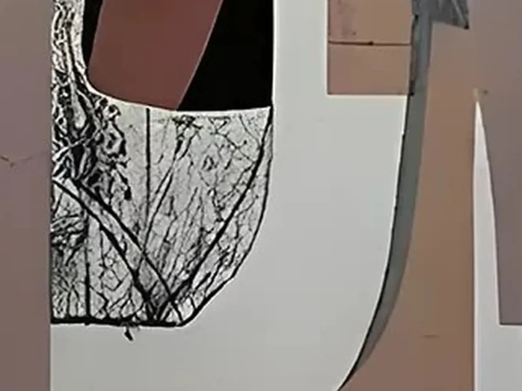 Detail crop of dusty pink and tan painted shapes with scratched line work, geometric abstract canvas AA08