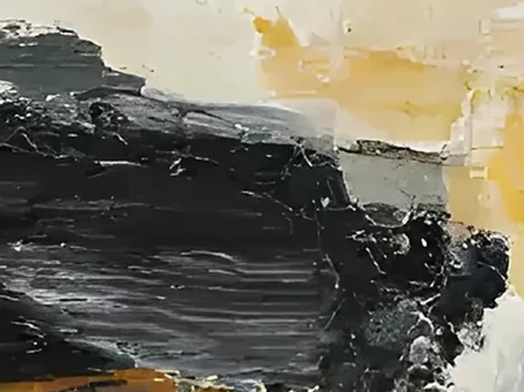 Close-up detail of knife-painted texture in sage green, maroon, and cream on abstract canvas AA09