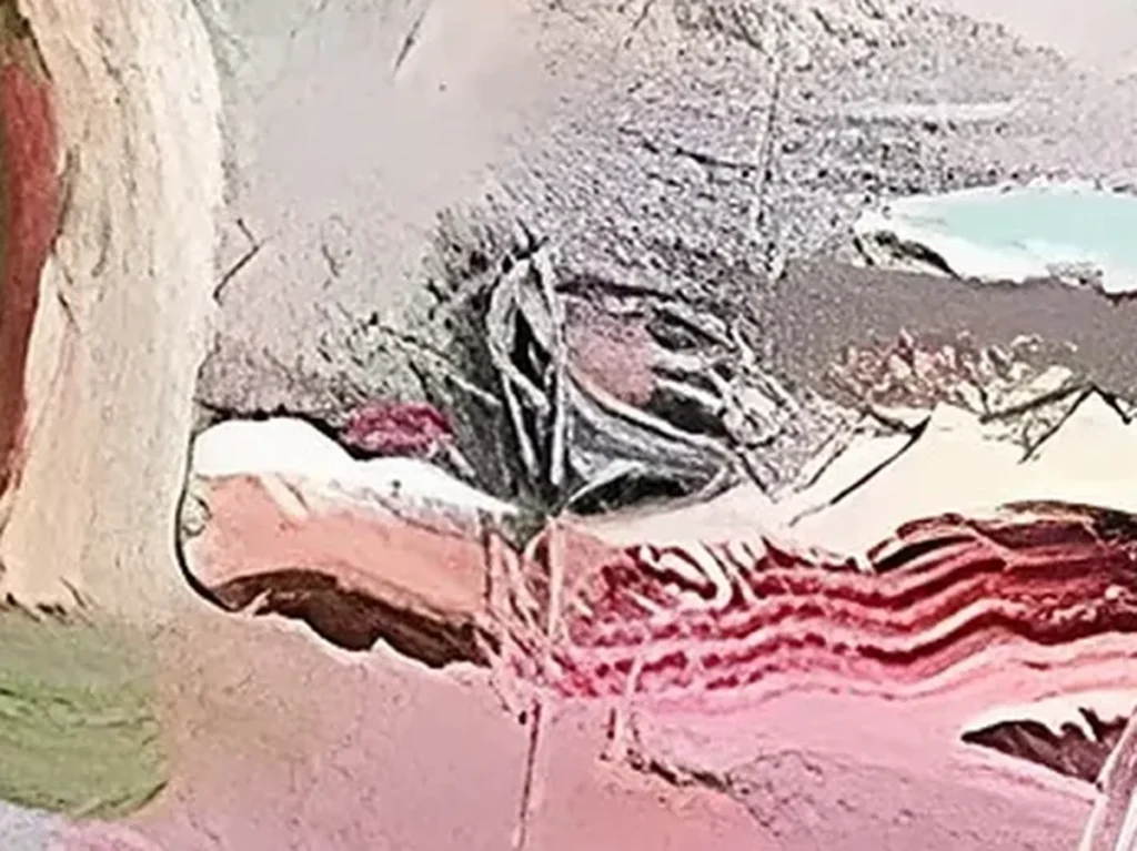 Detail crop of layered rose pink brushwork with sage green and mustard strokes on abstract floral canvas AA12